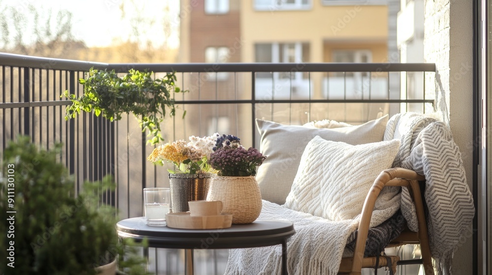 Cozy Balcony Oasis with Floral Arrangements Cozy Balcony Oasis with Floral Arrangements