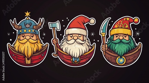stickers with New Year Vikings with a white outline on a transparent black background