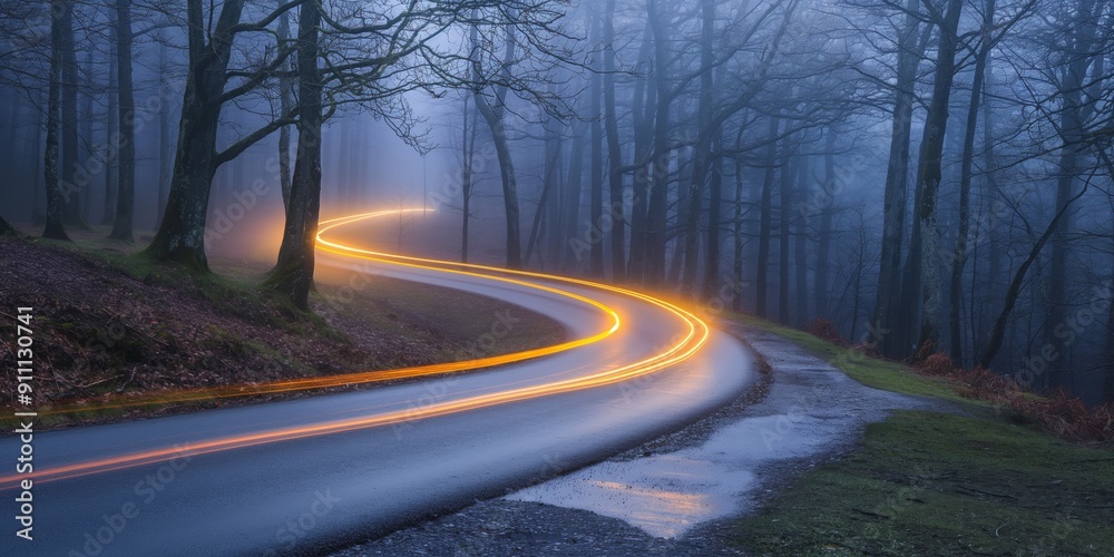 Fototapeta premium A road with a curve and a line of cars in the background. The cars are moving in a zigzag pattern