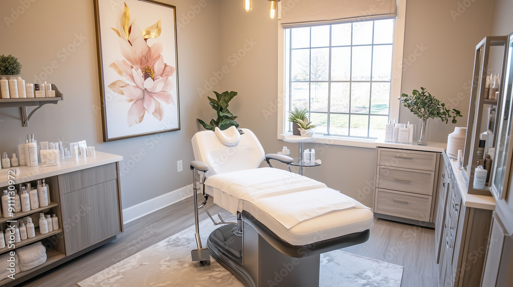 Fototapeta premium A cozy consultation room with a cosmetologist discussing options with a client. The room is private and comfortable, providing a secure space for detailed discussions about treatments.