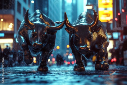 surreal wall street scene anthropomorphic bull and bear in pinstripe suits trading floor chaos neon ticker tape dramatic lighting tensionfilled atmosphere metaphor for market volatility photo