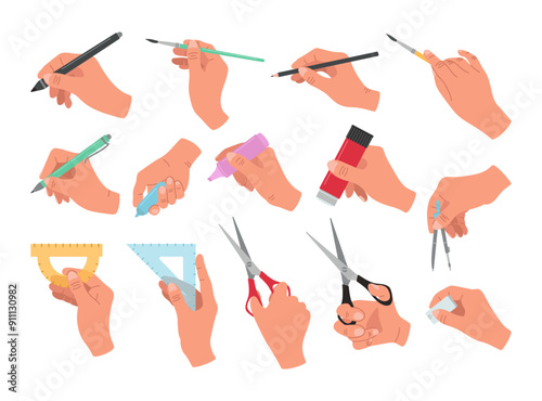 Set of hands with pencils, pen, brushes and other stationery. Vector cartoon isolated illustration