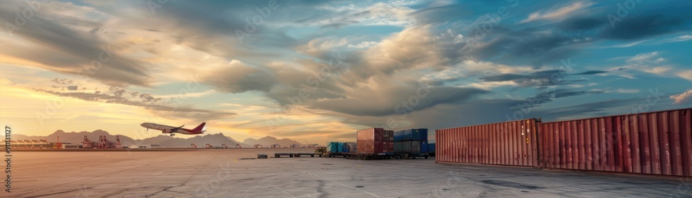 Fototapeta premium Airplane taking off from airport cargo terminal.