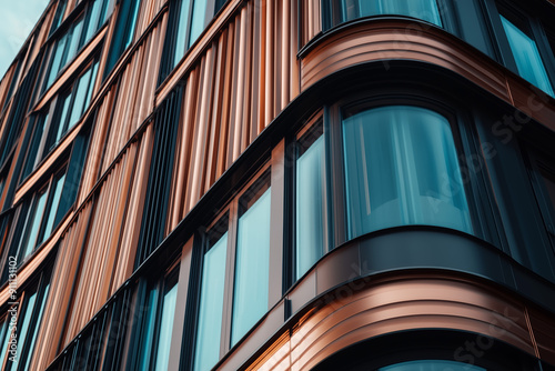 Close-up of a modern building's curved facade featuring vertical window panels and sleek architectural design. Ideal for urban architecture and contemporary design themes photo