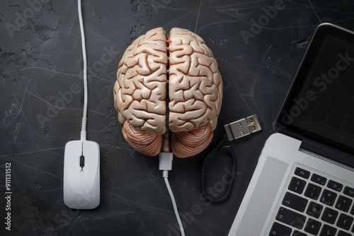 a brain is connected to a laptop and a mouse