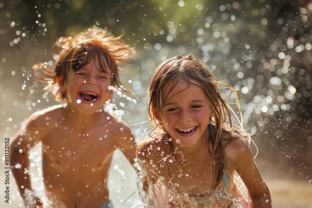 Children running through sprinklers in a backyard, laughter and joy capturing the essence of summer Children running through sprinklers in a backyard, laughter and joy capturing the essence of summer