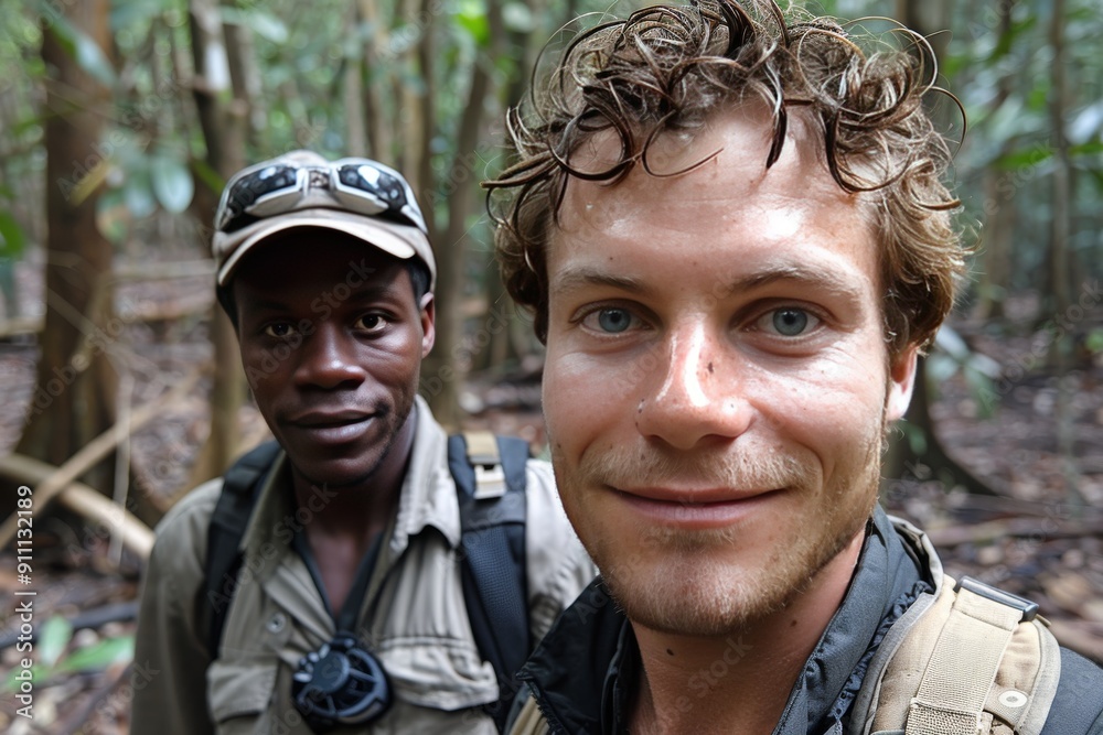 Fototapeta premium A Young Man Smiling With His Guide in the Rainforest