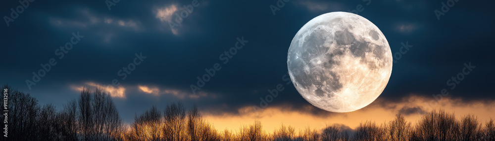 Fototapeta premium Captivating image of a full moon surrounded by dark clouds, showcasing the beauty of the night sky and evoking a sense of mystery and tranquility.