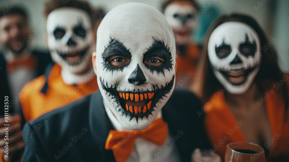 A lively group of friends dressed in eerie costumes enjoying a Halloween celebration outdoors, capturing the spirit of festive fun and camaraderie. A lively group of friends dressed in eerie costumes enjoying a Halloween celebration outdoors, capturing the spirit of festive fun and camaraderie.