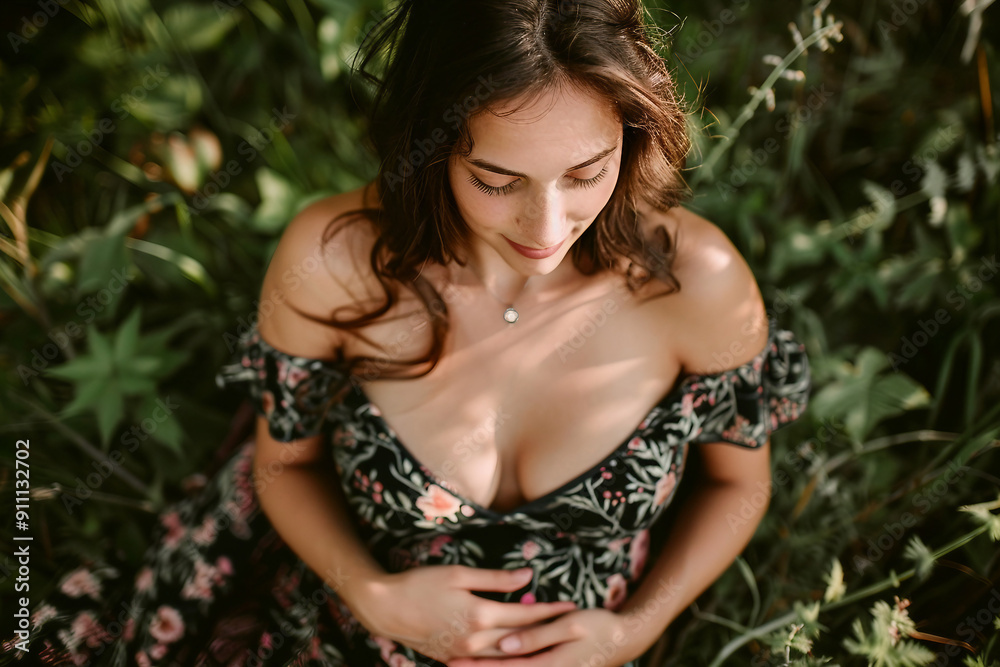 Portrait of young expecting mother holding baby in pregnant belly generative AI Portrait of young expecting mother holding baby in pregnant belly generative AI