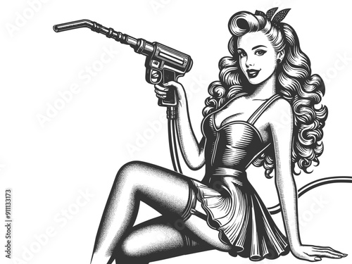 Pin-up woman holding gas pump nozzle, intricate details and retro charm sketch engraving generative ai fictional character vector illustration. Scratch board imitation. Black and white image.
