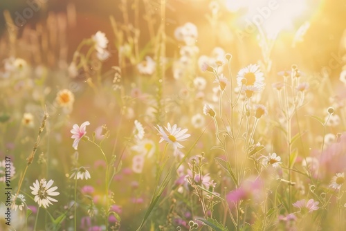 enchanted meadow lush wildflower field at golden hour diverse flora in pastel hues sunbeams filtering through tall grass dreamy ethereal atmosphere