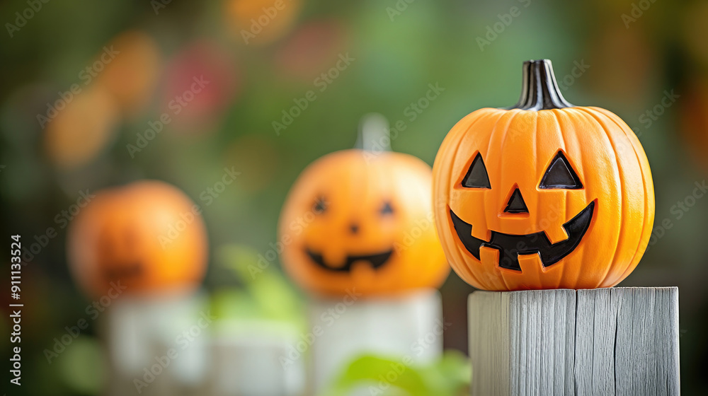 Capture the festive spirit of Halloween with charming Jack O' Lanterns adorning a rustic picket fence in a cozy yard setting. Perfect for seasonal decorations. Capture the festive spirit of Halloween with charming Jack O' Lanterns adorning a rustic picket fence in a cozy yard setting. Perfect for seasonal decorations.