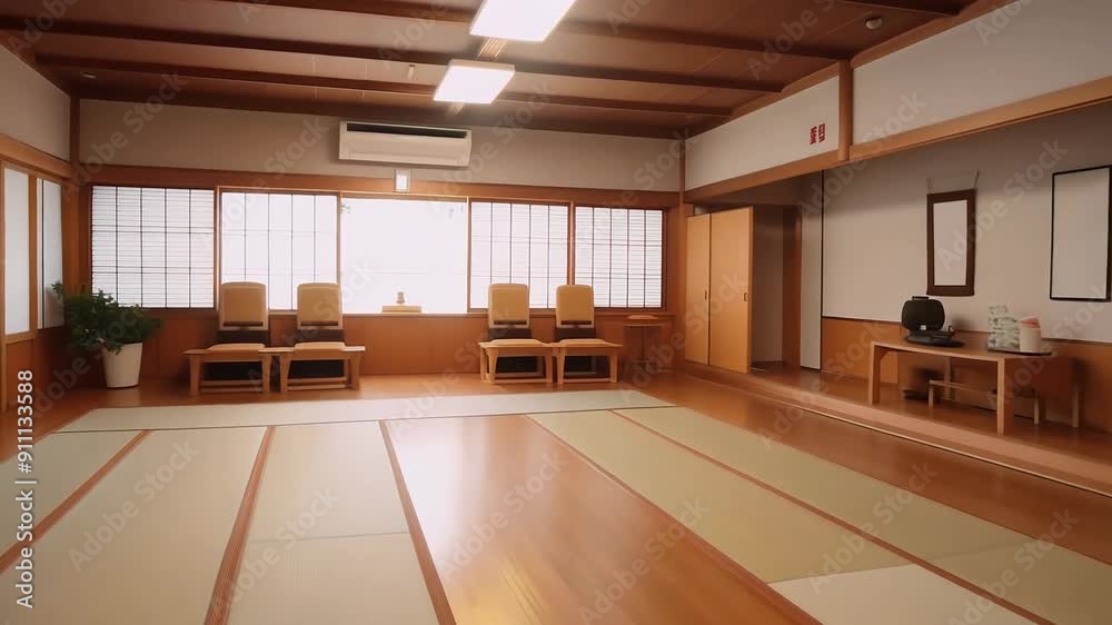 Spacious well lit room for martial arts practicing. Traditional interior for dojo or karate school hall. Indoor background. Spacious well lit room for martial arts practicing. Traditional interior for dojo or karate school hall. Indoor background.