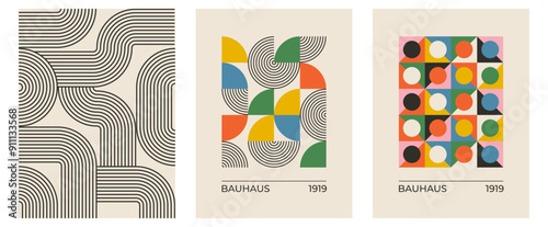 Set of trendy modern abstract geometric vector posters with circle, square line shape. Minimalistic print for wall art decoration, postcard or brochure cover design in retro style art