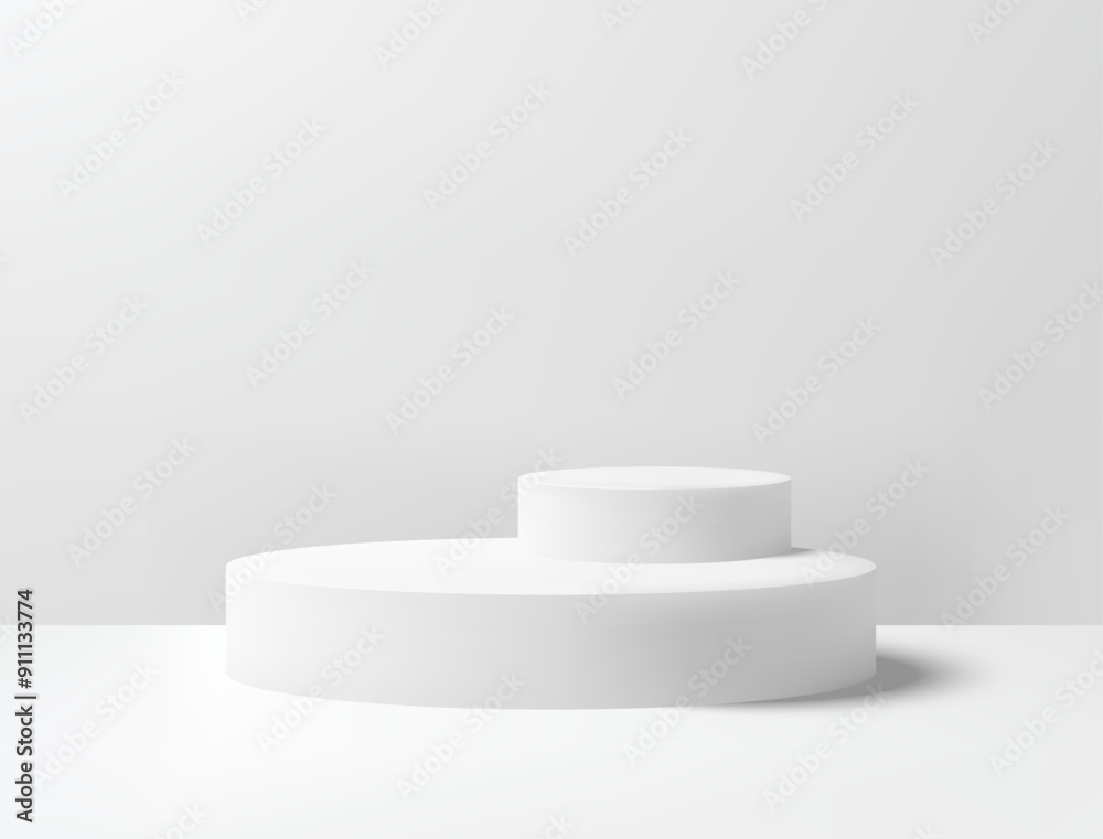 Realistic 3D white circle platform podium or pedestal on gray background with shadow. Empty space for product display presentation. Minimalistic mockup with copy space . Stage showcase vector design Realistic 3D white circle platform podium or pedestal on gray background with shadow. Empty space for product display presentation. Minimalistic mockup with copy space . Stage showcase vector design
