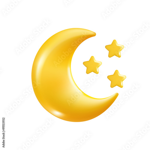 Realistic 3D Yellow Half month with stars. Cute Cartoon vector Design Isolated on White Background. Weather Illustration concept render objects for Holiday poster, flyer brochure and template