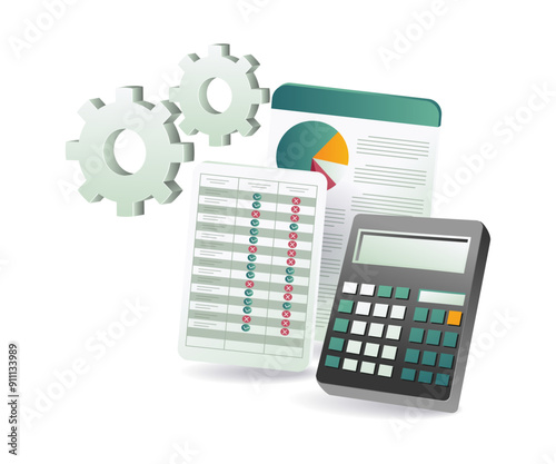 featuring a calculator, sheets of paper, and a calculator with visible gears, symbolizing calculation and mechanics