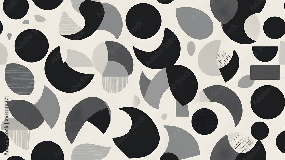 Modern trendy mid century abstract shapes monochrome seamless pattern. Geometric textured repeat pattern. Scandinavian abstraction. Generative AI Modern trendy mid century abstract shapes monochrome seamless pattern. Geometric textured repeat pattern. Scandinavian abstraction. Generative AI