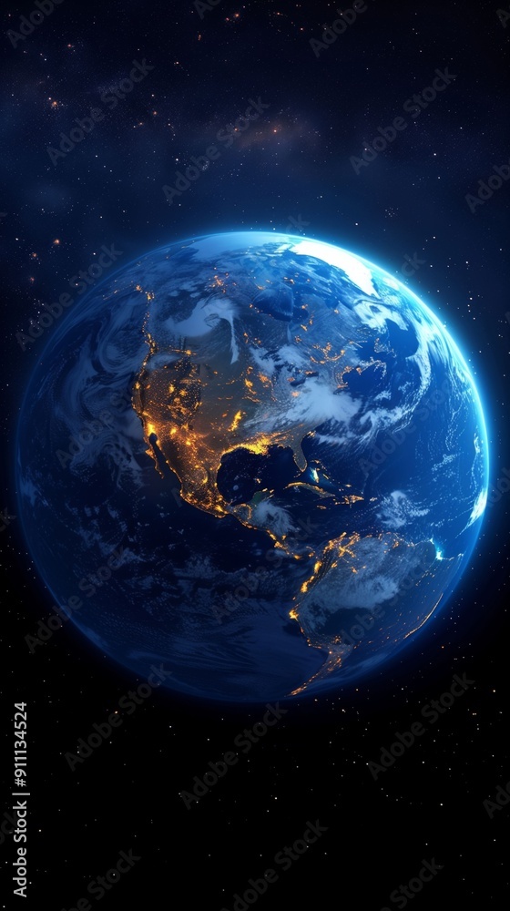 Obraz premium Night view of Earth from space with city lights. 