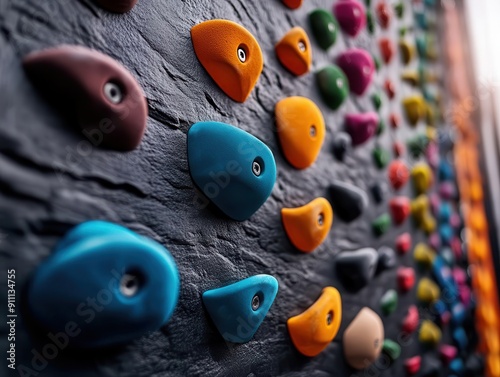 Climbing wall, dynamic action, vibrant colors, gym setting, energetic photo