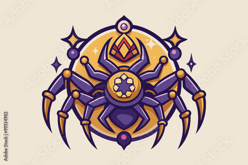  A luxurious and magical logo featuring a tarantula with elements of a witch's magic. The design should have a whimsical and slightly cartoonish style, vector illustration 