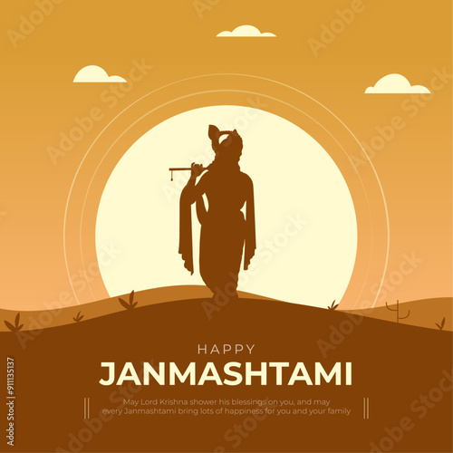 Happy Janmashtami Post and Greeting Card. Birthday of Lord Krishna Celebration and Creative Poster Vector Illustration photo