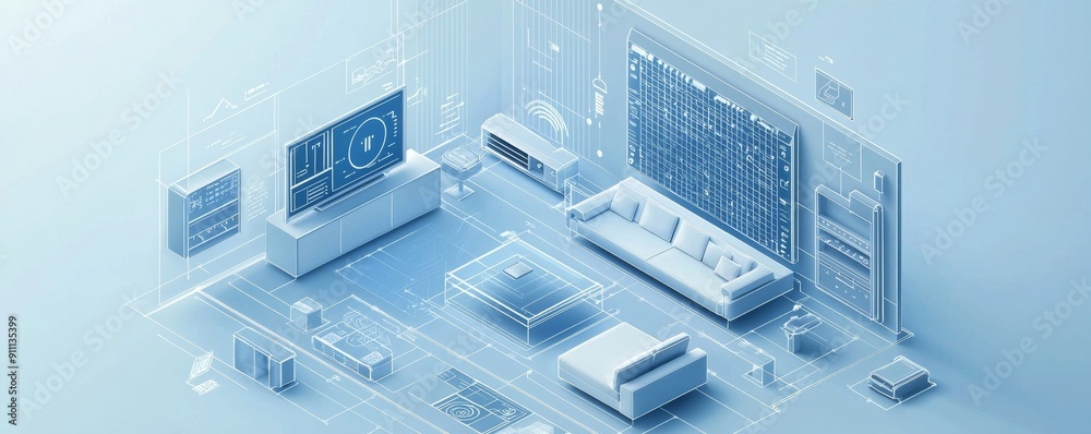 Futuristic living room with wireframe furniture and digital smart home interface Futuristic living room with wireframe furniture and digital smart home interface