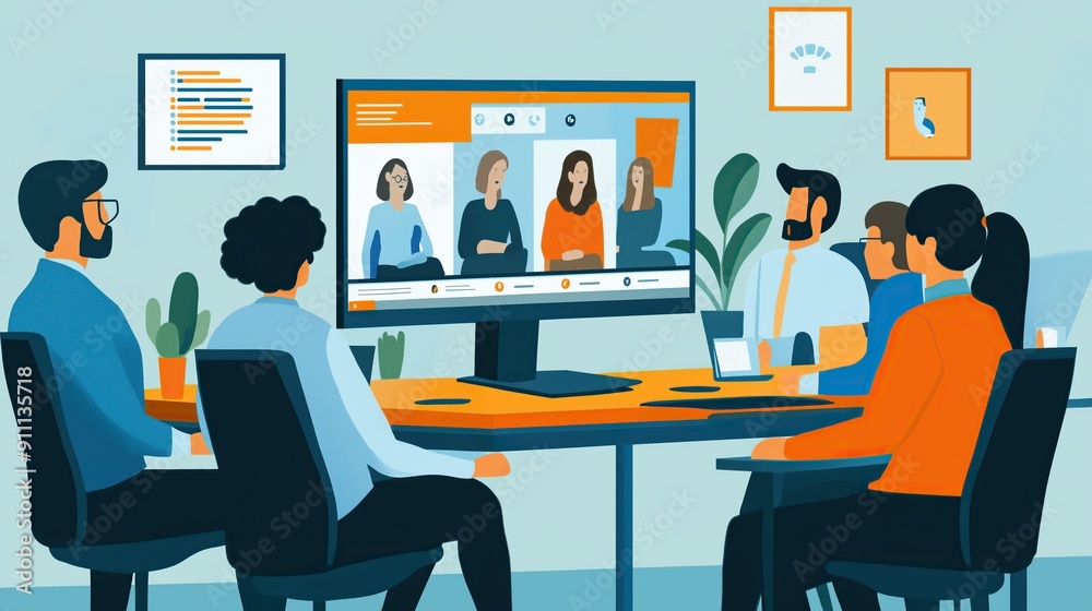 illustration of an online conference at a company meeting illustration of an online conference at a company meeting