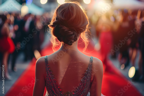 Back view of attractive woman in elegant dress at red carpet event