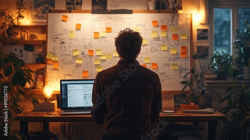 Entrepreneur working on a startup from a home office, with a whiteboard full of ideas