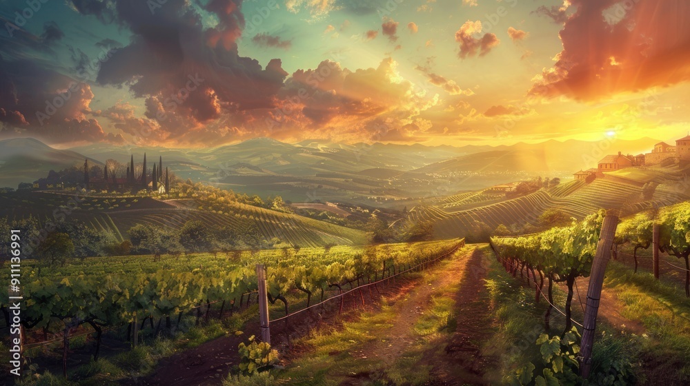 Naklejka premium Bolgheri vineyard with views over the hills and beauty at sunset. Trees as a frame, in summer.