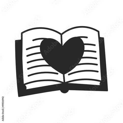 Open Book with Heart Shape inside Doodle Icon. Reading lover sign. Library Bookstore symbol. Isolated vector illustration