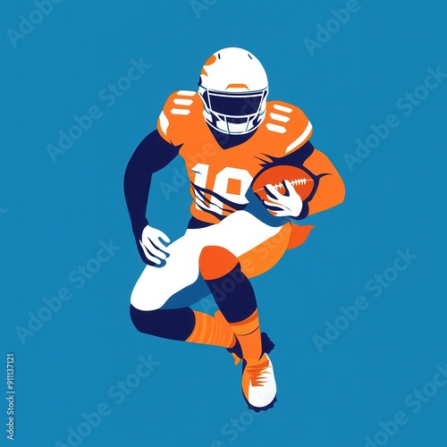 American football player, in orange white uniform, rushes forward with the ball. Dynamic, determined stance on vibrant blue background.