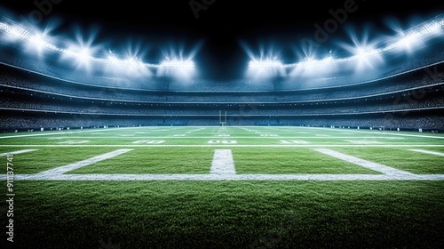 Empty American football field at night with the stadium lights creating a dramatic atmosphere. Before game. Banner