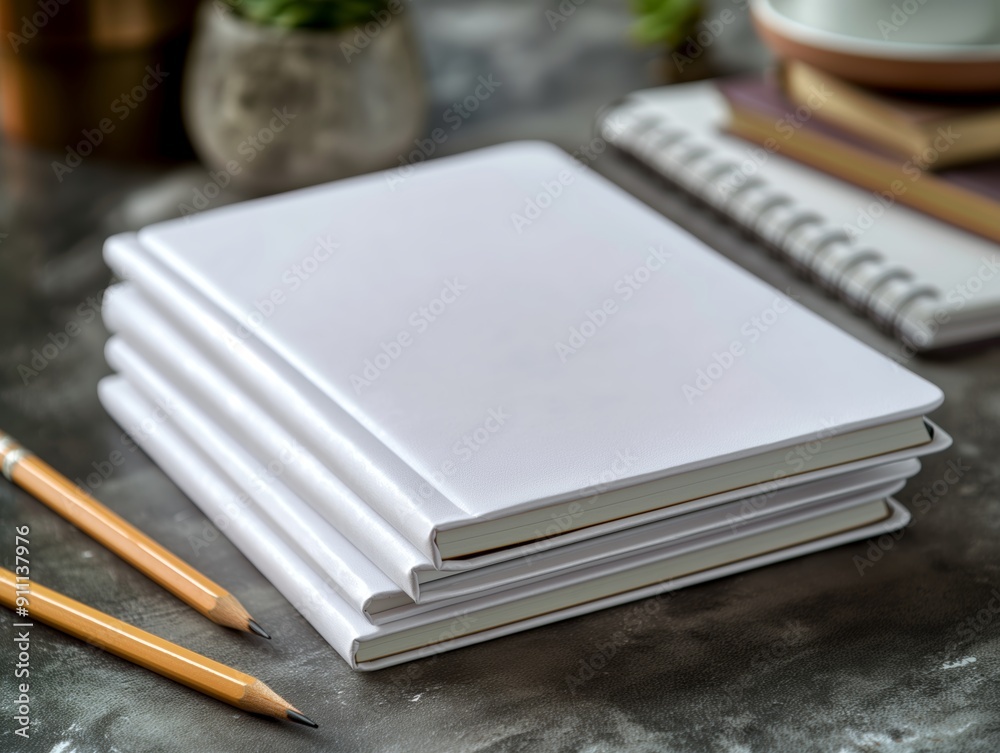 Naklejka premium Mockup of blank white notebooks stacked on a school desk with pencils