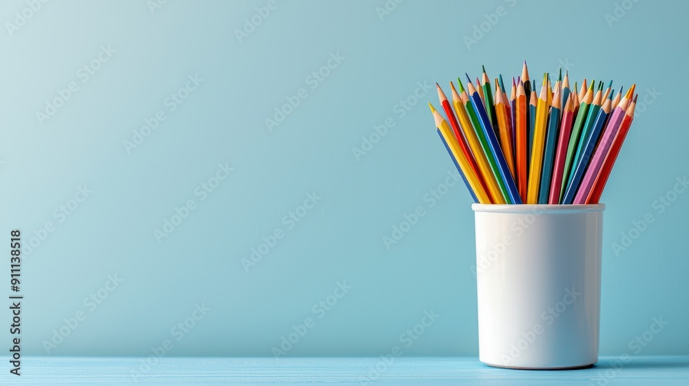 School and learning banner, light blue background, back to school, stationery cup with colored pencils, notebook, and textbooks, copy space School and learning banner, light blue background, back to school, stationery cup with colored pencils, notebook, and textbooks, copy space