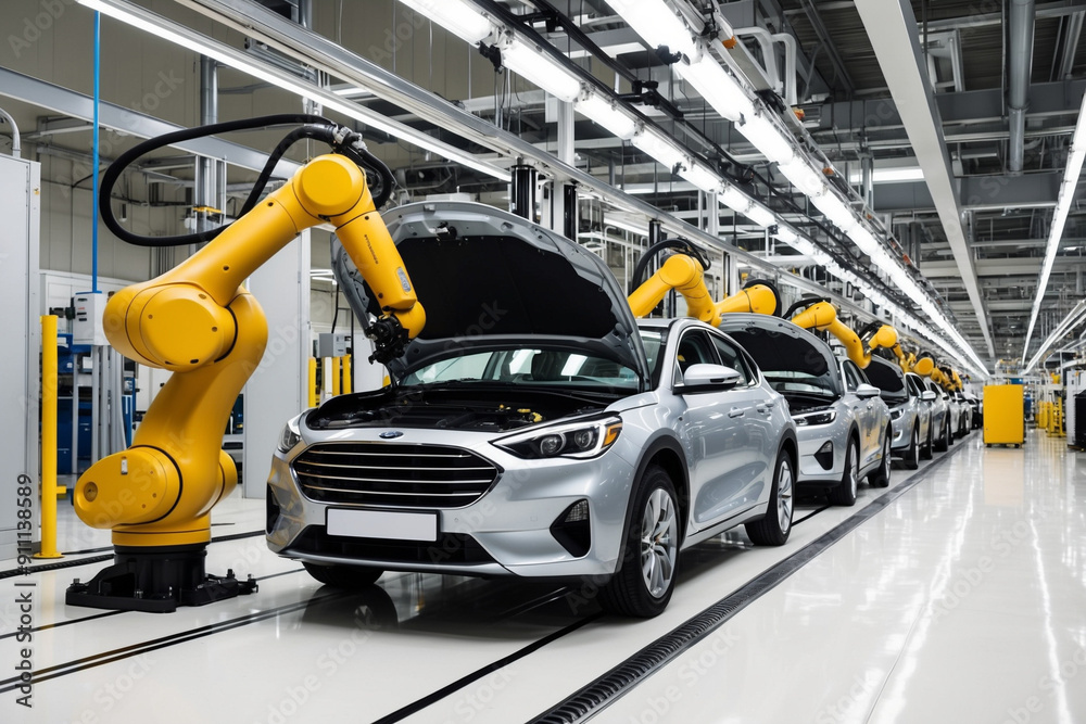 An assembly line in a modern automotive factory where robotic arms precisely assemble car parts. An assembly line in a modern automotive factory where robotic arms precisely assemble car parts.