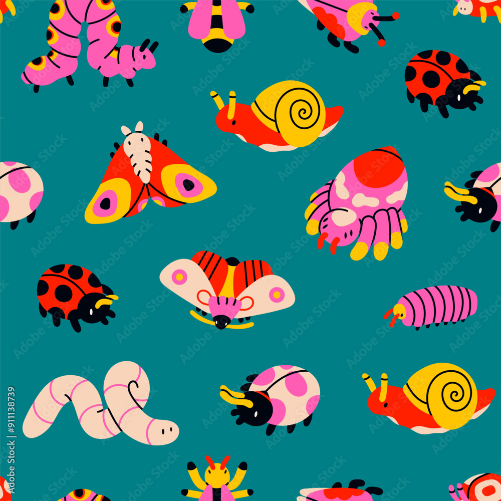 Cute various Insects. Cartoon style characters for kids. Caterpillar, butterfly, snail, spider, wasp, worm. Hand drawn Vector illustration. Square seamless Pattern, background, wallpaper Cute various Insects. Cartoon style characters for kids. Caterpillar, butterfly, snail, spider, wasp, worm. Hand drawn Vector illustration. Square seamless Pattern, background, wallpaper
