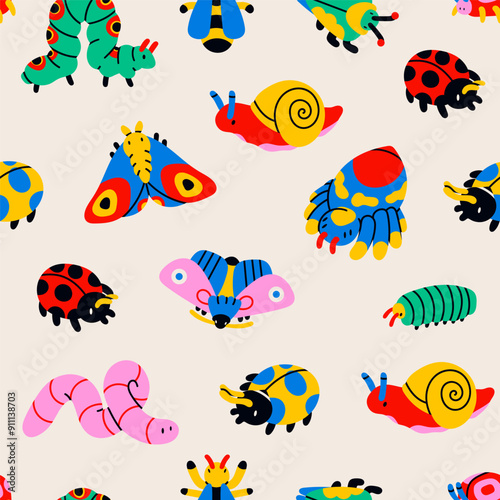 Cute various Insects. Cartoon style characters for kids. Caterpillar, butterfly, snail, spider, wasp, worm. Hand drawn Vector illustration. Square seamless Pattern, background, wallpaper