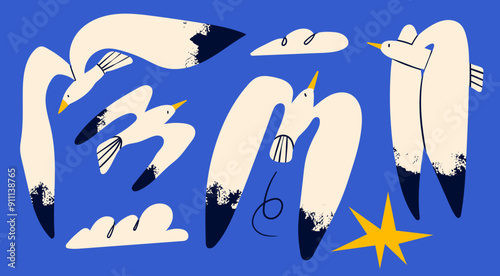 Set of black and white birds, clouds, star. Flying Seagull collection. Different poses. Cartoon style, flat design. Hand drawn trendy Vector illustration. Isolated design elements