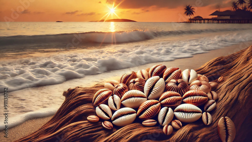 Cowrie shells arranged on driftwood,