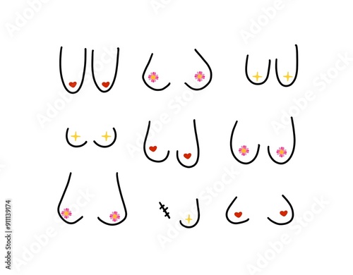 cute pattern woman breast , tits, boobs diversity, nudity body sexuality, . doodle with flowers 