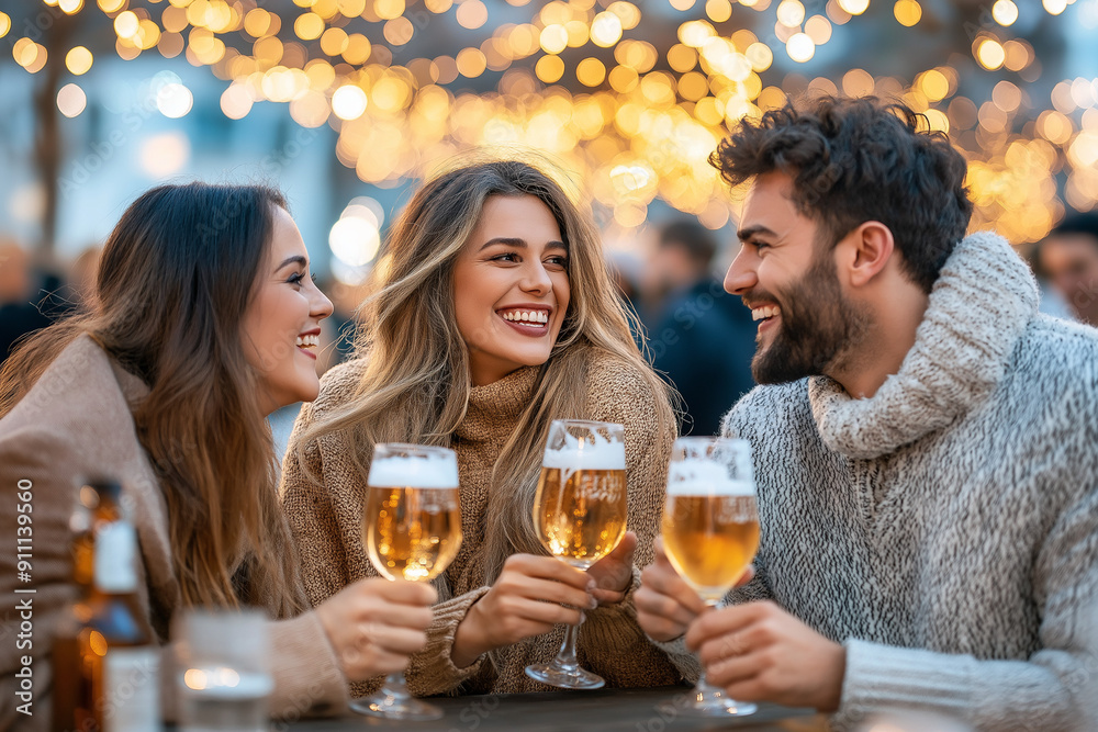 Friends enjoying beer at an outdoor festival, International Beer Day, social fun. Friends enjoying beer at an outdoor festival, International Beer Day, social fun.