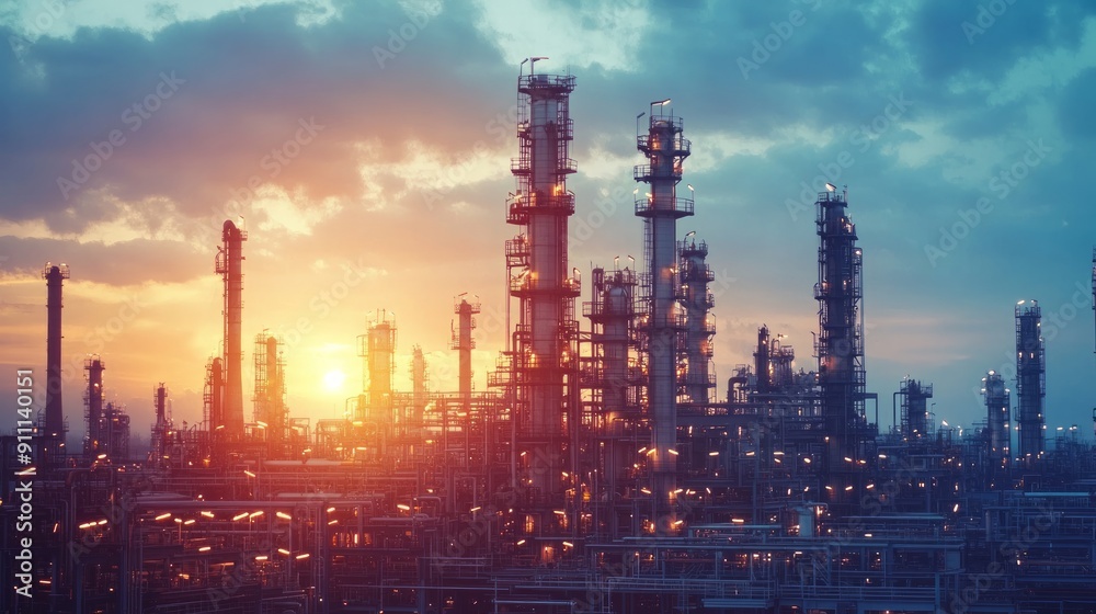 Obraz premium Silhouetted Industrial Complex at Sunset