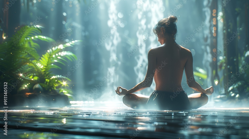 Serene Meditation by Waterfall Surrounded by Lush Greenery in Tranquil Forest Setting Serene Meditation by Waterfall Surrounded by Lush Greenery in Tranquil Forest Setting