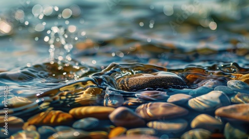 Close up view of pebbles in a lake being gently ruffled by small waves