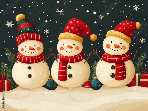 Three cheerful snowmen in festive hats stand in a snowy landscape, surrounded by Christmas gifts and falling snowflakes.