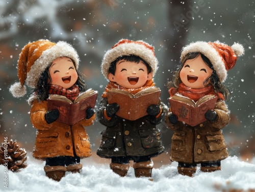 Three joyful children in winter clothing share a storybook moment in a snowy landscape, capturing the essence of childhood joy. photo