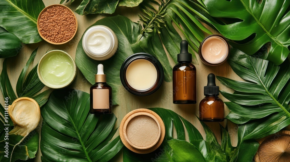 Flat lay of various skincare products, including serums, creams, and lotions, arranged aesthetically with tropical leaves for a fresh and natural vibe Flat lay of various skincare products, including serums, creams, and lotions, arranged aesthetically with tropical leaves for a fresh and natural vibe